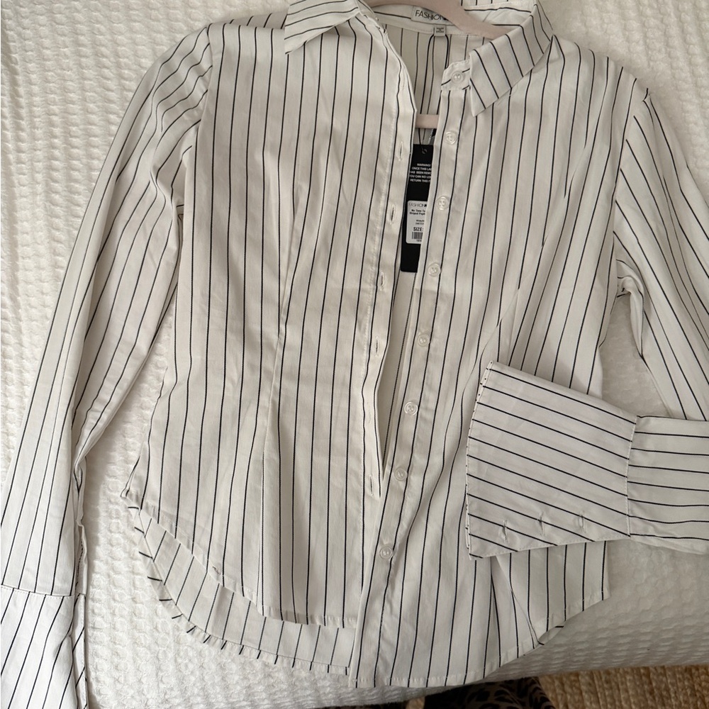 Fashion Nova White and Black Striped Dress Shirt